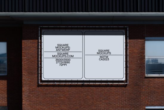 Outdoor billboard mockup on a brick building for advertising design presentation, clear sky, realistic urban setting for designers.
